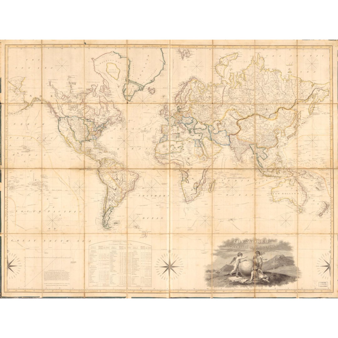 1817 World Map (Mercator Projection, Hand-Colored)