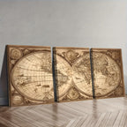 Vintage World Map Canvas Triptych – 3-Panel Framed Wall Art