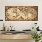 Vintage World Map Canvas Triptych – 3-Panel Framed Wall Art