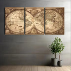 Vintage World Map Canvas Triptych – 3-Panel Framed Wall Art