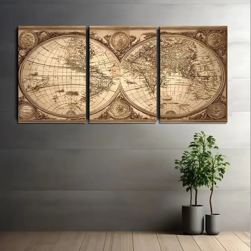 Vintage World Map Canvas Triptych – 3-Panel Framed Wall Art