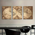 Vintage World Map Canvas Triptych – 3-Panel Framed Wall Art