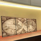 Vintage World Map Canvas Triptych – 3-Panel Framed Wall Art