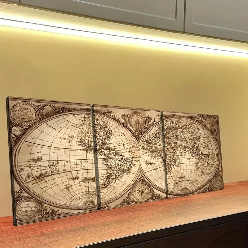 Vintage World Map Canvas Triptych – 3-Panel Framed Wall Art